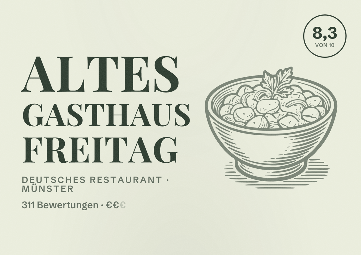 Illustriertes Poster von Altes Gasthaus Freitag, Deutsches Restaurant in Münster: Bewertung 8,3 von 10 aus 311 Bewertungen, Preisniveau €€