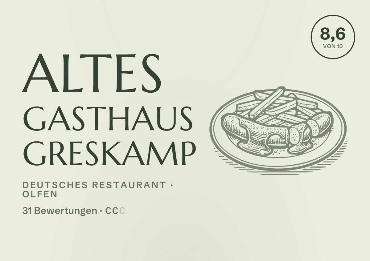 Illustriertes Poster von Altes Gasthaus Greskamp, Deutsches Restaurant in Olfen: Bewertung 8,6 von 10 aus 31 Bewertungen, Preisniveau €€