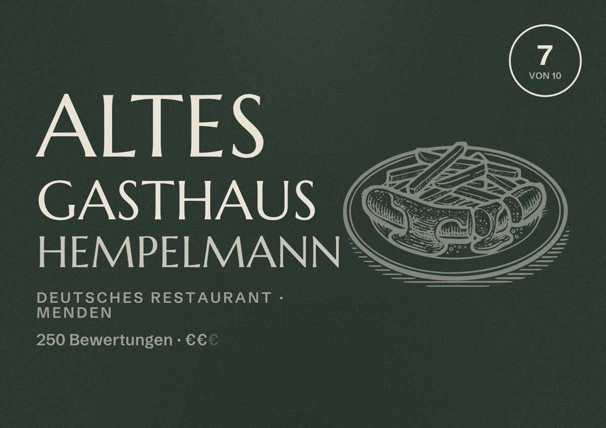 Illustriertes Poster von Altes Gasthaus Hempelmann, Deutsches Restaurant in Menden: Bewertung 7,0 von 10 aus 250 Bewertungen, Preisniveau €€