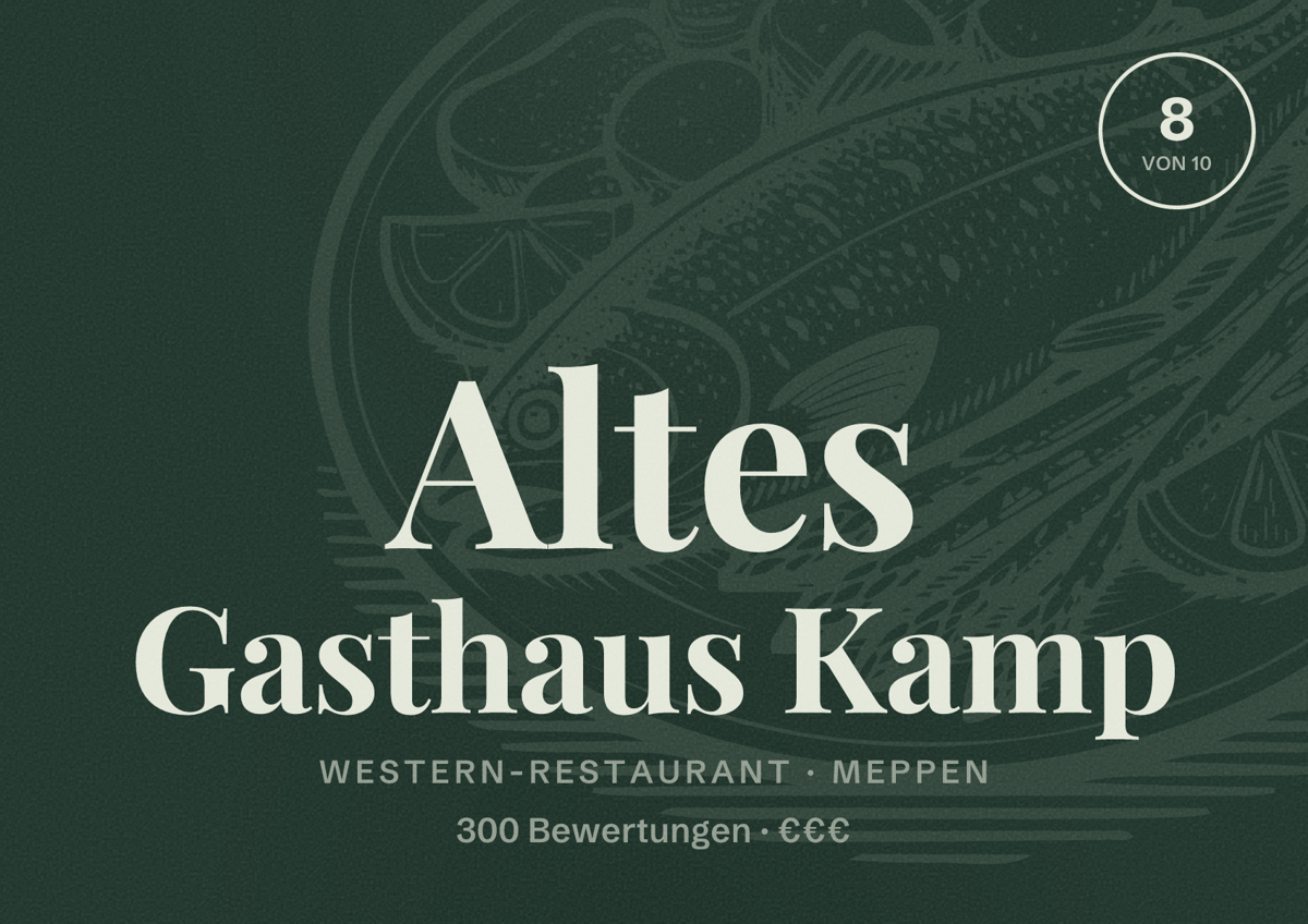 Illustriertes Poster von Altes Gasthaus Kamp, Western-Restaurant in Meppen: Bewertung 8 von 10 aus 300 Bewertungen, Preisniveau €€€