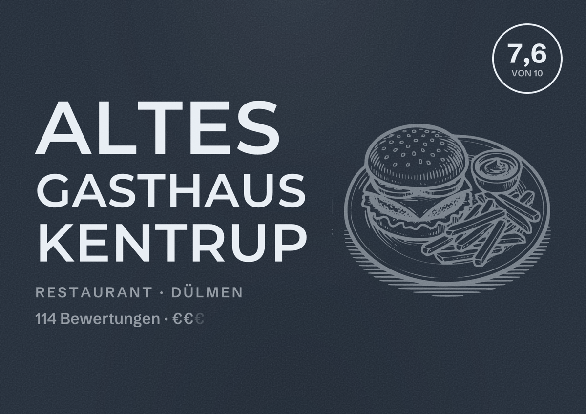 Illustriertes Poster von Altes Gasthaus Kentrup, Restaurant in Dülmen: Bewertung 7,6 von 10 aus 114 Bewertungen, Preisniveau €€