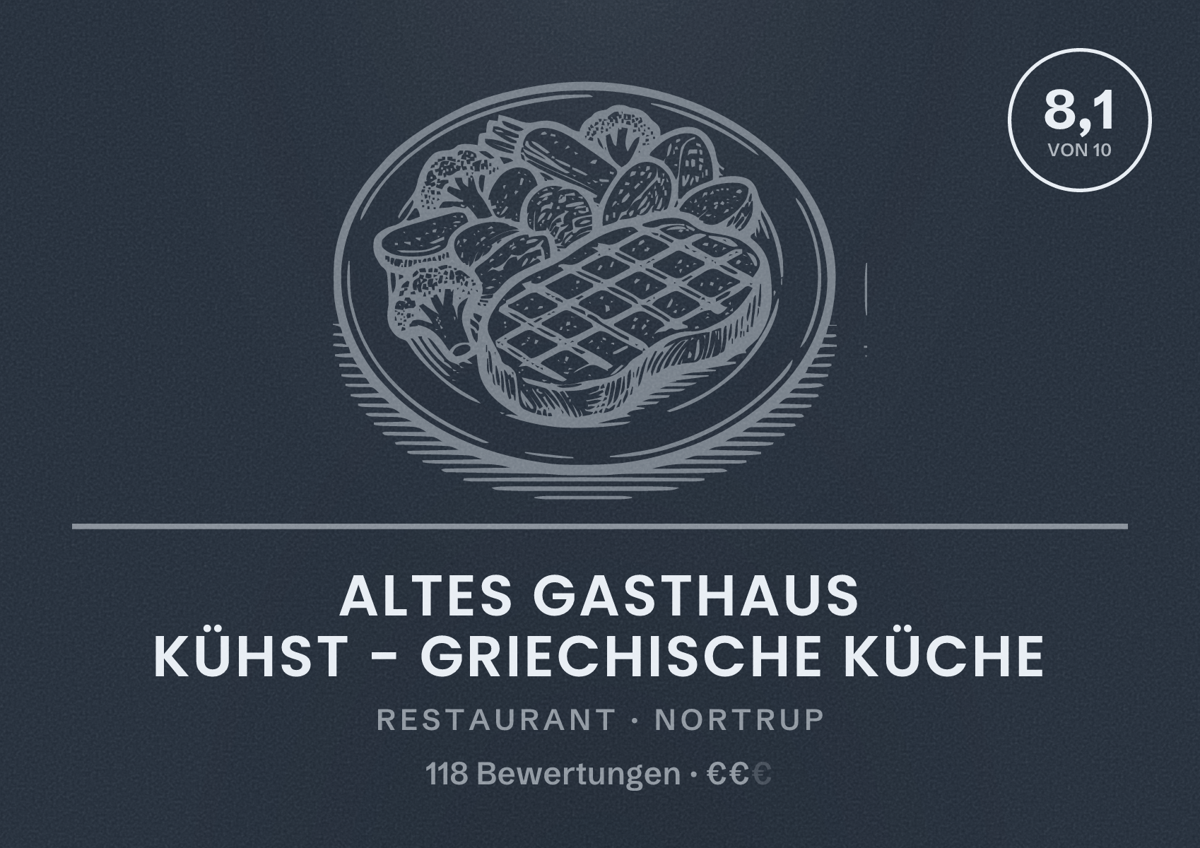 Illustriertes Poster von Altes Gasthaus Kühst - Griechische Küche, Restaurant in Nortrup: Bewertung 8,1 von 10 aus 118 Bewertungen, Preisniveau €€