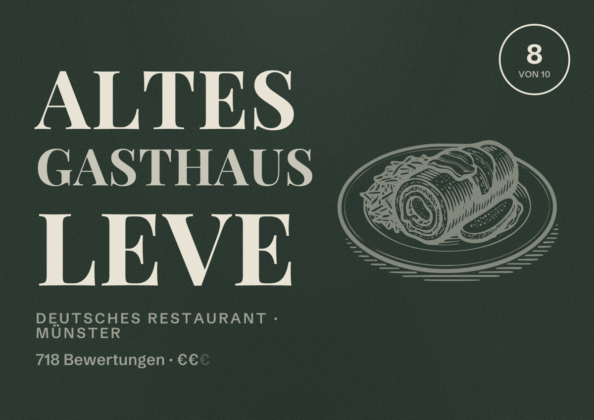 Illustriertes Poster von Altes Gasthaus Leve, Deutsches Restaurant in Münster: Bewertung 8 von 10 aus 718 Bewertungen, Preisniveau €€