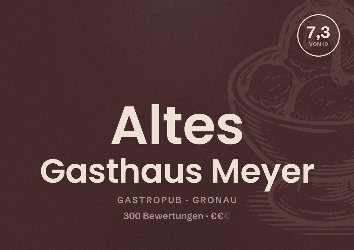 Illustriertes Poster von Altes Gasthaus Meyer, Gastropub in Gronau: Bewertung 7,3 von 10 aus 300 Bewertungen, Preisniveau €€