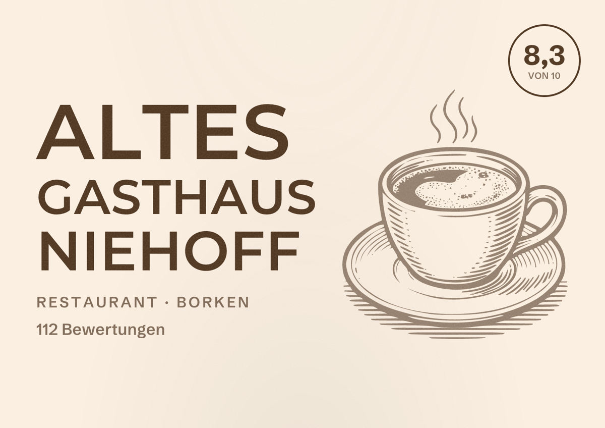 Illustriertes Poster von Altes Gasthaus Niehoff, Restaurant in Borken: Bewertung 8,3 von 10 aus 112 Bewertungen