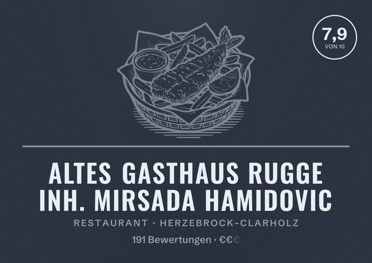 Illustriertes Poster von Altes Gasthaus Rugge Inh. Mirsada Hamidovic, Restaurant in Herzebrock-Clarholz: Bewertung 7,9 von 10 aus 191 Bewertungen, Preisniveau €€