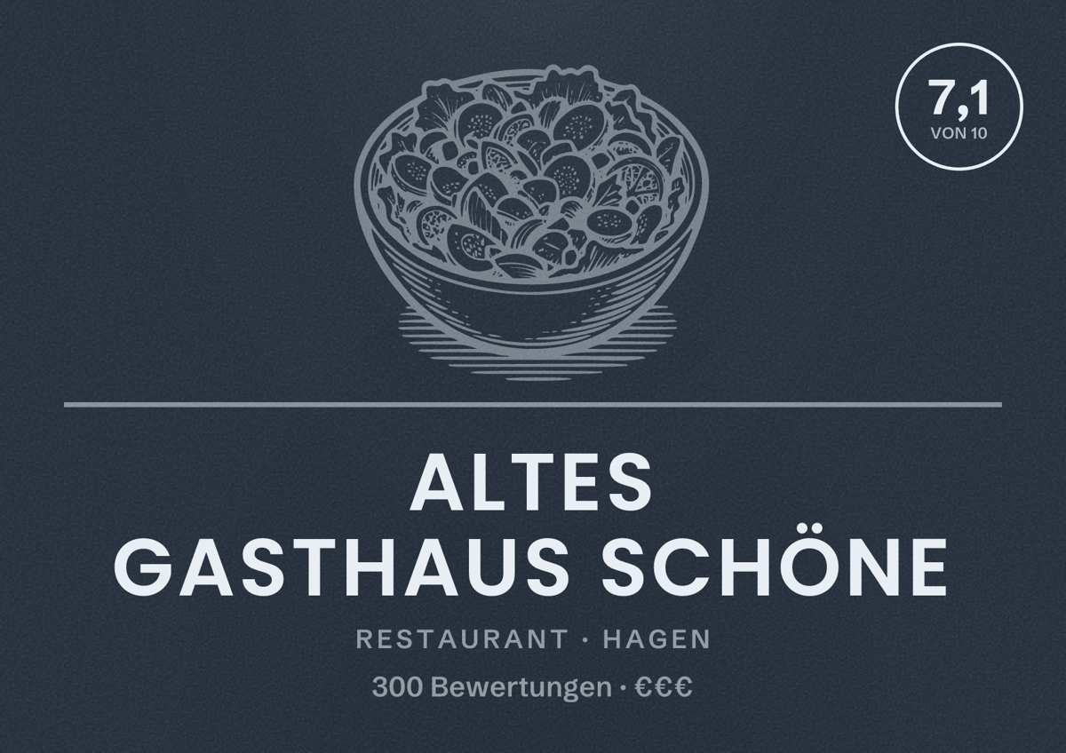 Illustriertes Poster von Altes Gasthaus Schöne, Restaurant in Hagen: Bewertung 7,1 von 10 aus 300 Bewertungen, Preisniveau €€€