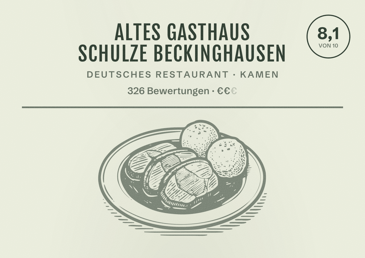 Illustriertes Poster von Altes Gasthaus Schulze Beckinghausen, Deutsches Restaurant in Kamen: Gästebewertung 8,1 von 10 aus 326 Bewertungen