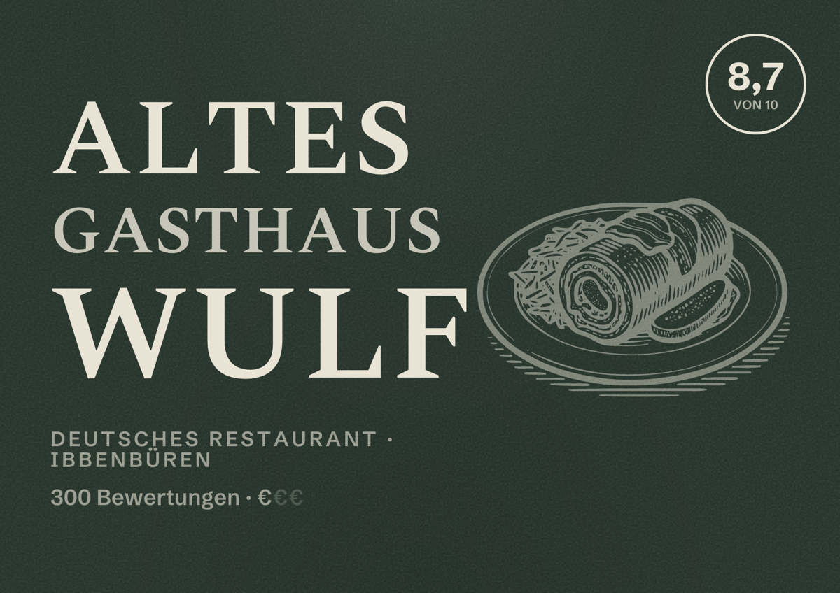 Illustriertes Poster von Altes Gasthaus Wulf, Deutsches Restaurant in Ibbenbüren: Bewertung 8,7 von 10 aus 300 Bewertungen, Preisniveau €