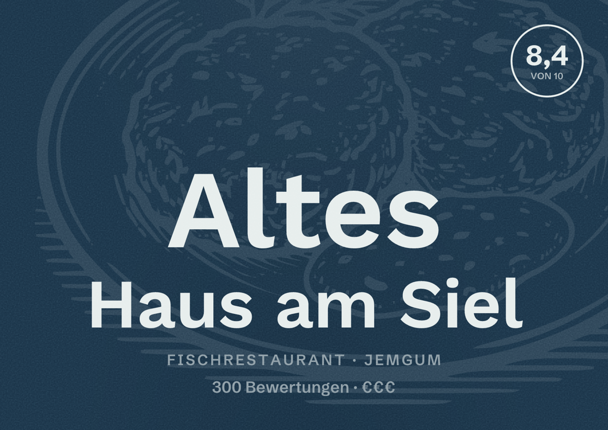 Illustriertes Poster von Altes Haus am Siel, Fischrestaurant in Jemgum: Bewertung 8,4 von 10 aus 300 Bewertungen, Preisniveau €€€