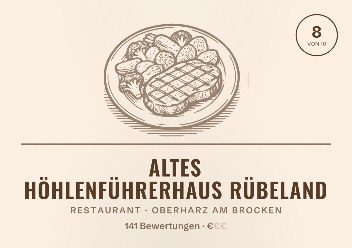 Illustriertes Poster von Altes Höhlenführerhaus Rübeland, Restaurant in Oberharz am Brocken: Bewertung 8 von 10 aus 141 Bewertungen, Preisniveau €
