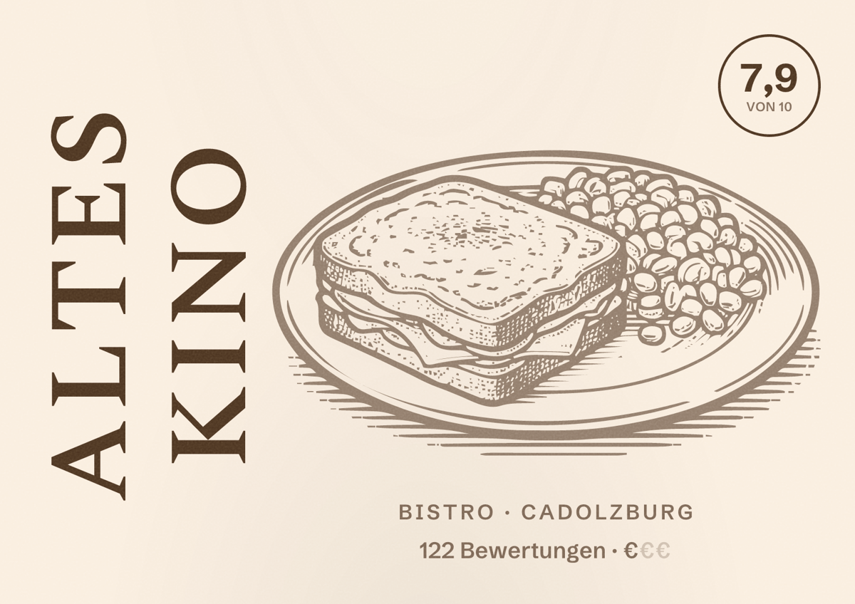 Illustriertes Poster von altes Kino, Bistro in Cadolzburg: Bewertung 7,9 von 10 aus 122 Bewertungen, Preisniveau €