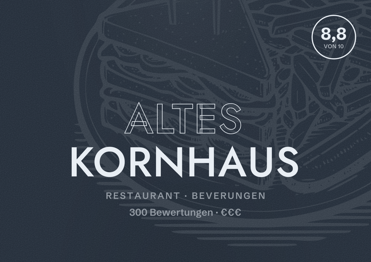 Illustriertes Poster von Altes Kornhaus, Restaurant in Beverungen: Bewertung 8,8 von 10 aus 300 Bewertungen, Preisniveau €€€