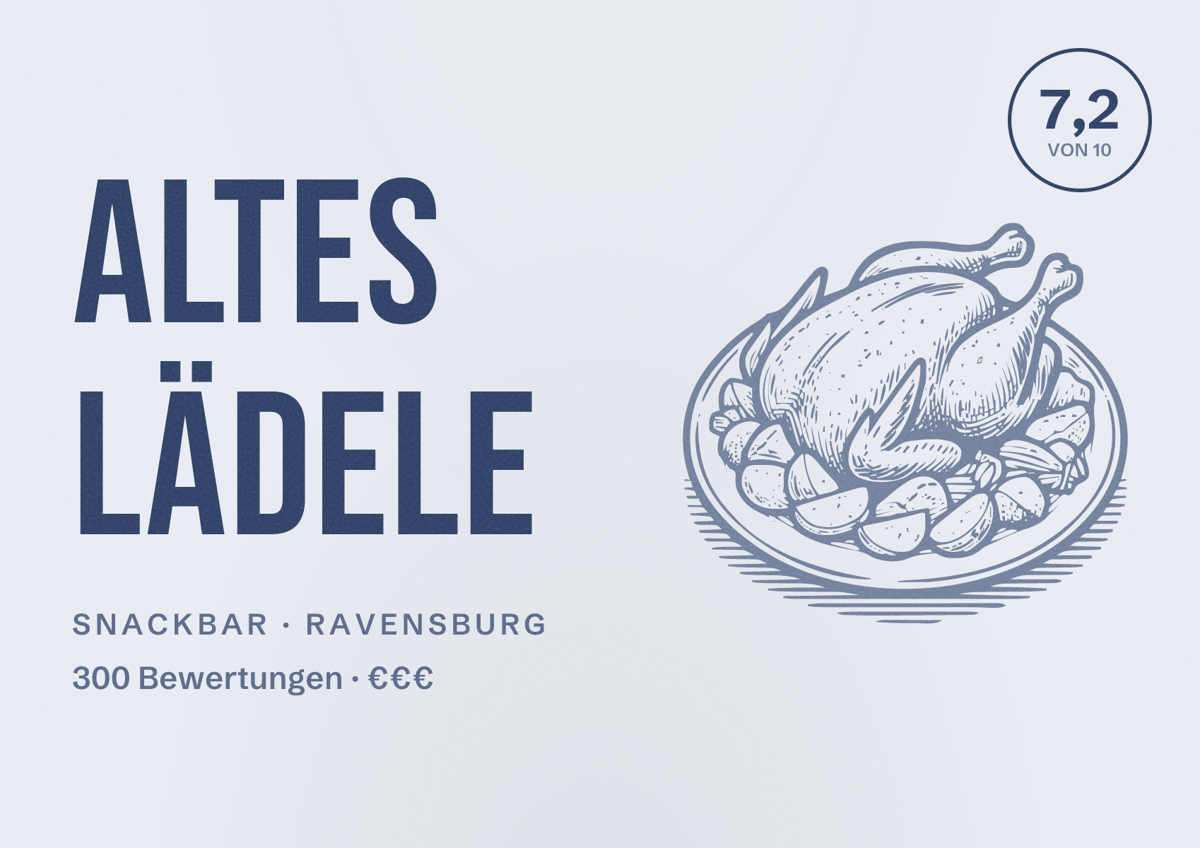 Illustriertes Poster von Altes Lädele, Snackbar in Ravensburg: Bewertung 7,2 von 10 aus 300 Bewertungen, Preisniveau €€€
