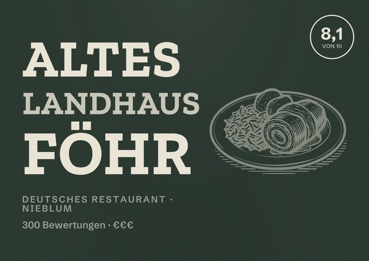 Illustriertes Poster von Altes Landhaus Föhr, Deutsches Restaurant in Nieblum: Bewertung 8,1 von 10 aus 300 Bewertungen, Preisniveau €€€