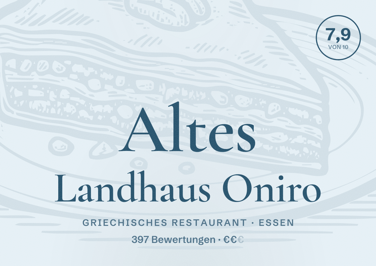 Illustriertes Poster von Altes Landhaus Oniro, Griechisches Restaurant in Essen: Gästebewertung 7,9 von 10 aus 397 Bewertungen