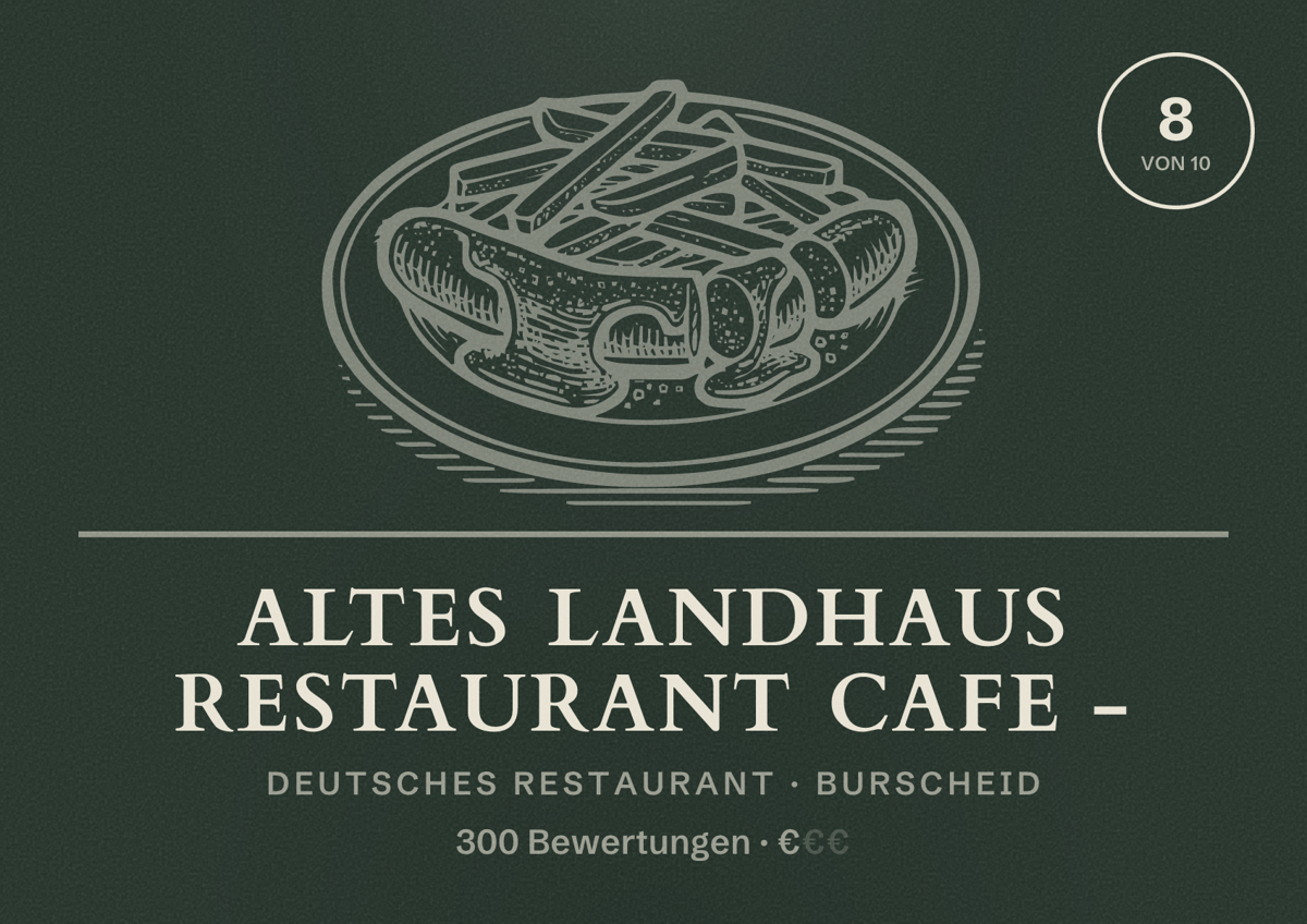 Illustriertes Poster von Altes Landhaus Restaurant Cafe -, Deutsches Restaurant in Burscheid: Bewertung 8 von 10 aus 300 Bewertungen, Preisniveau €