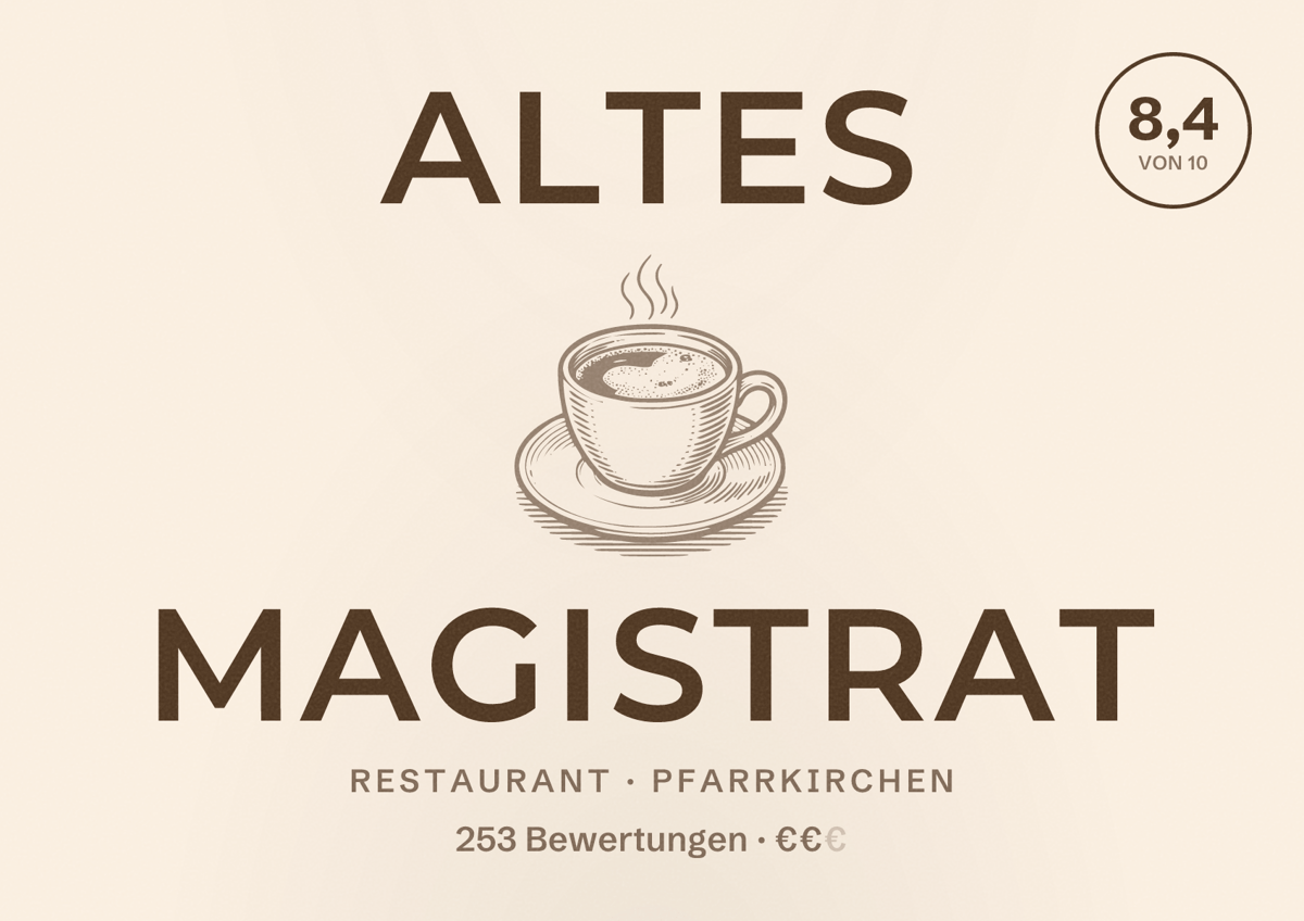 Illustriertes Poster von Altes Magistrat, Restaurant in Pfarrkirchen: Bewertung 8,4 von 10 aus 253 Bewertungen, Preisniveau €€