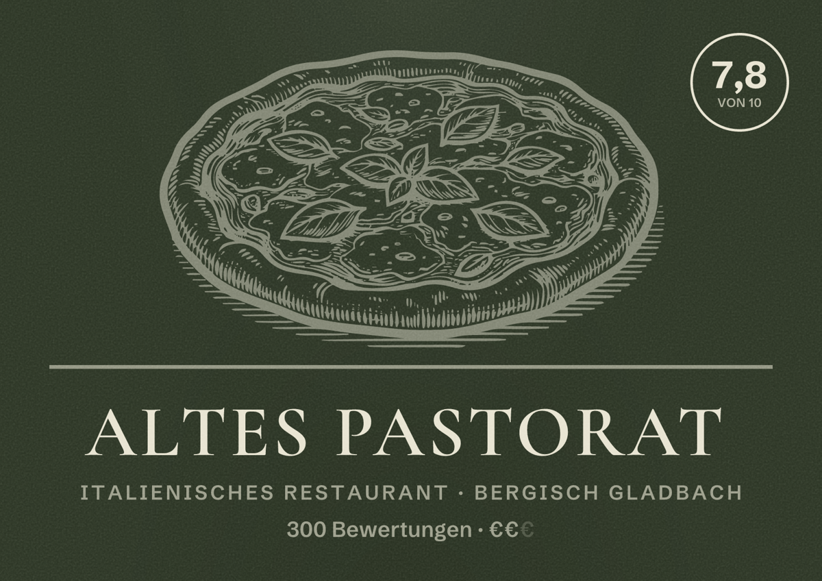 Illustriertes Poster von Altes Pastorat, Italienisches Restaurant in Bergisch Gladbach: Bewertung 7,8 von 10 aus 300 Bewertungen, Preisniveau €€