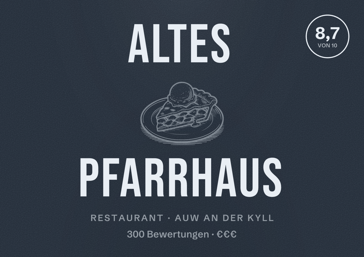 Illustriertes Poster von Altes Pfarrhaus, Restaurant in Auw an der Kyll: Bewertung 8,7 von 10 aus 300 Bewertungen, Preisniveau €€€