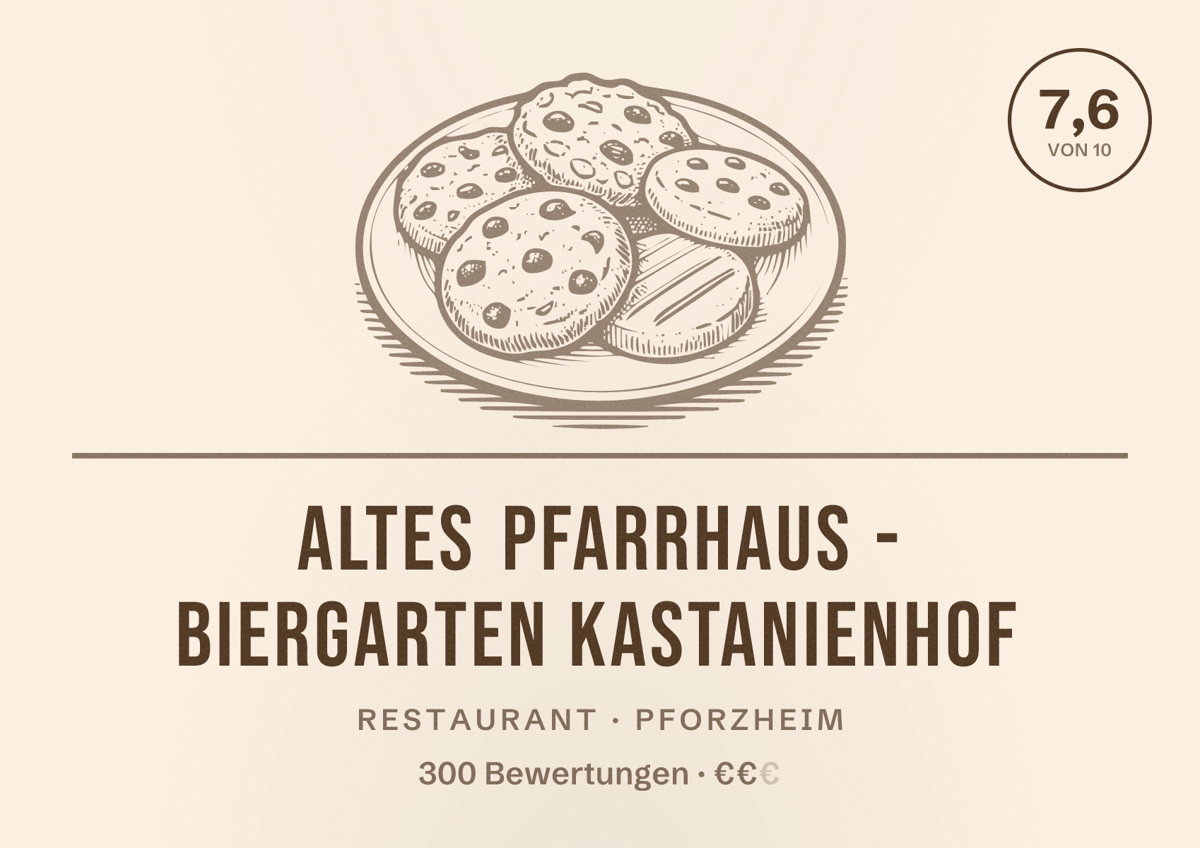 Illustriertes Poster von Altes Pfarrhaus - Biergarten Kastanienhof, Restaurant in Pforzheim: Bewertung 7,6 von 10 aus 300 Bewertungen, Preisniveau €€