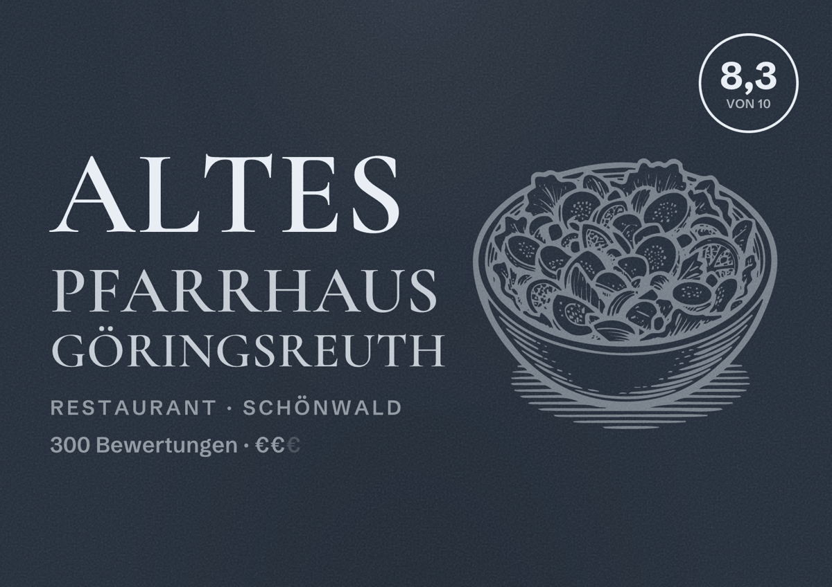 Illustriertes Poster von Altes Pfarrhaus Göringsreuth, Restaurant in Schönwald: Bewertung 8,3 von 10 aus 300 Bewertungen, Preisniveau €€