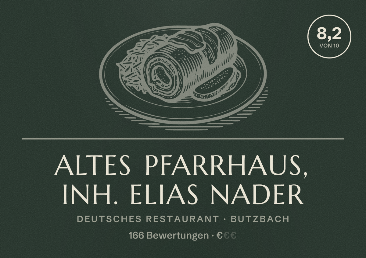 Illustriertes Poster von Altes Pfarrhaus, Inh. Elias Nader, Deutsches Restaurant in Butzbach: Bewertung 8,2 von 10 aus 166 Bewertungen, Preisniveau €