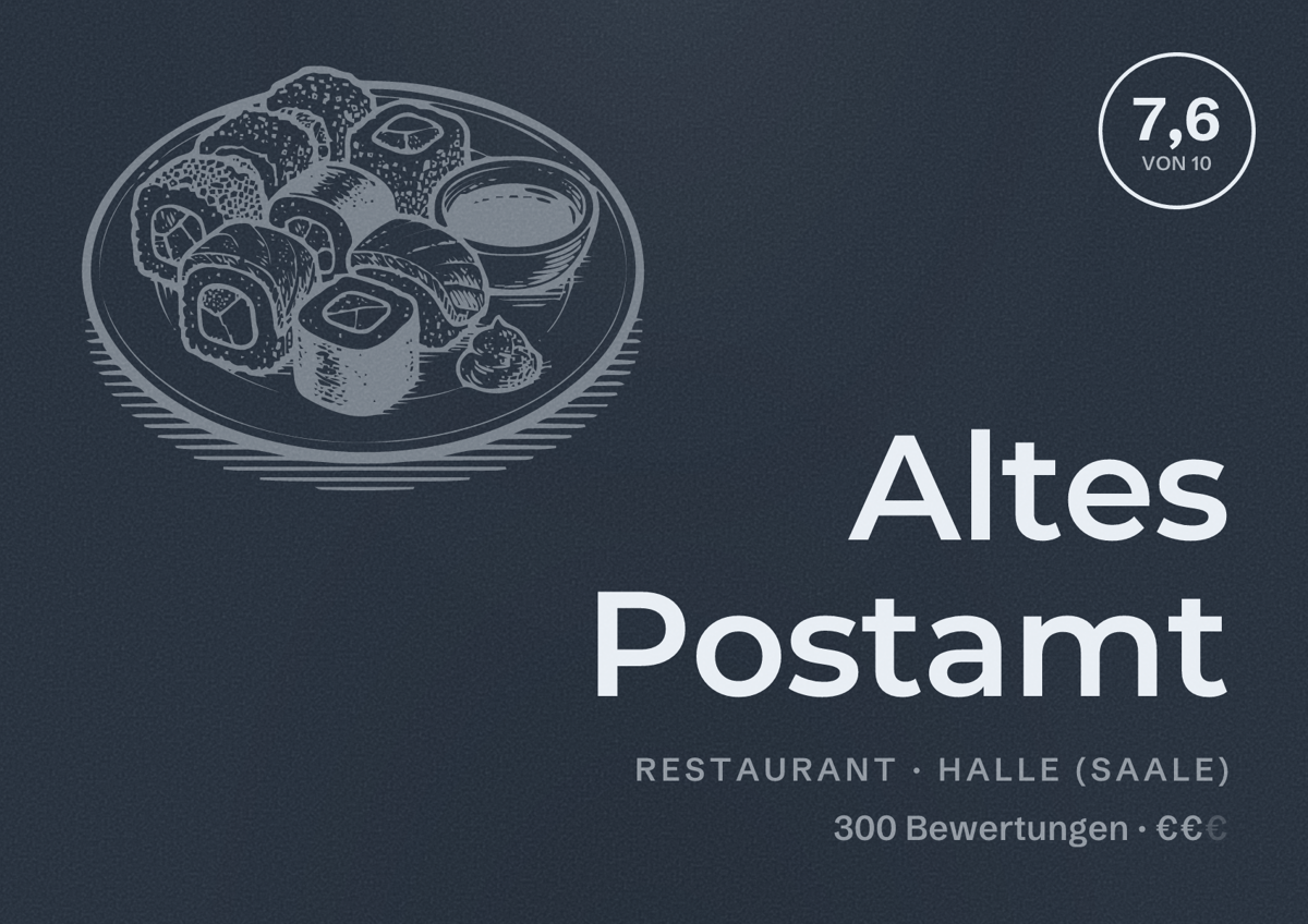 Illustriertes Poster von Altes Postamt, Restaurant in Halle (Saale): Bewertung 7,6 von 10 aus 300 Bewertungen, Preisniveau €€