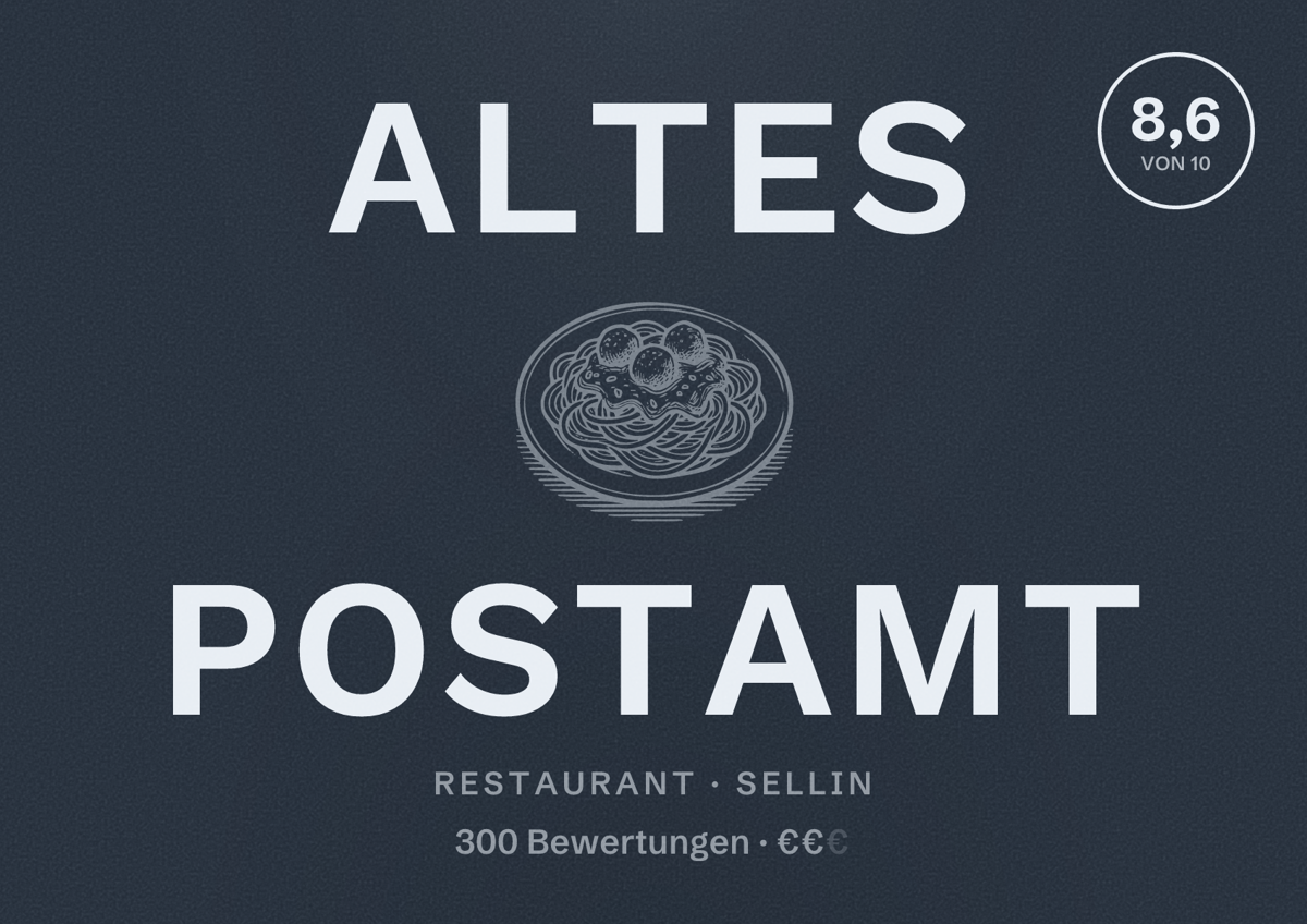 Illustriertes Poster von Altes Postamt, Restaurant in Sellin: Bewertung 8,6 von 10 aus 300 Bewertungen, Preisniveau €€