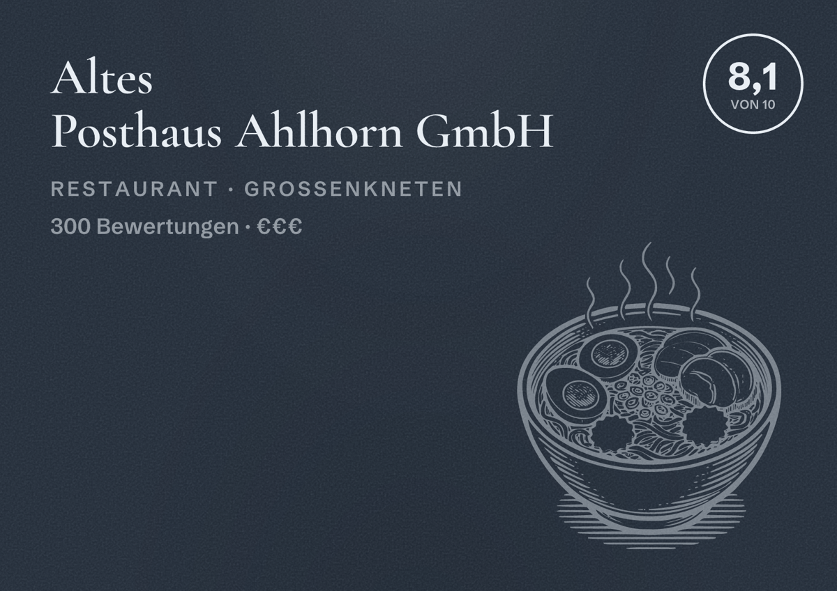 Illustriertes Poster von Altes Posthaus Ahlhorn GmbH, Restaurant in Großenkneten: Bewertung 8,1 von 10 aus 300 Bewertungen, Preisniveau €€€