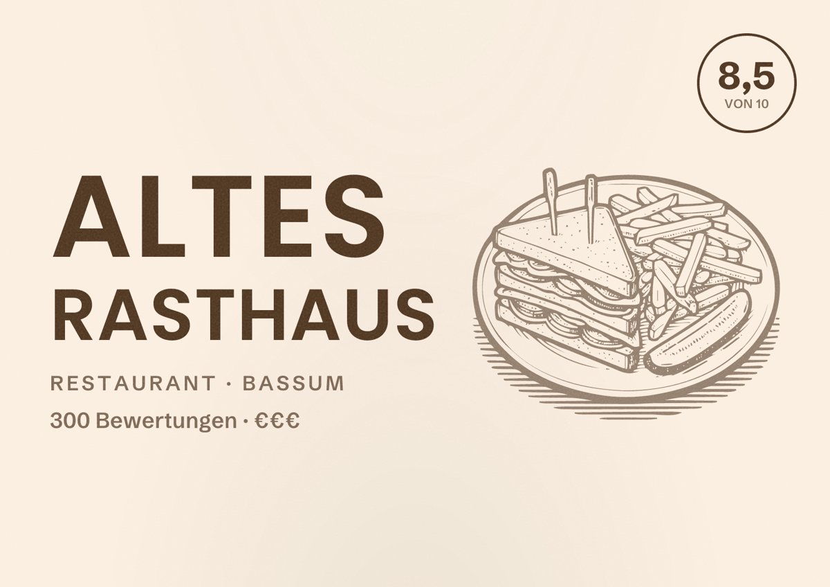 Illustriertes Poster von Altes Rasthaus, Restaurant in Bassum: Bewertung 8,5 von 10 aus 300 Bewertungen, Preisniveau €€€