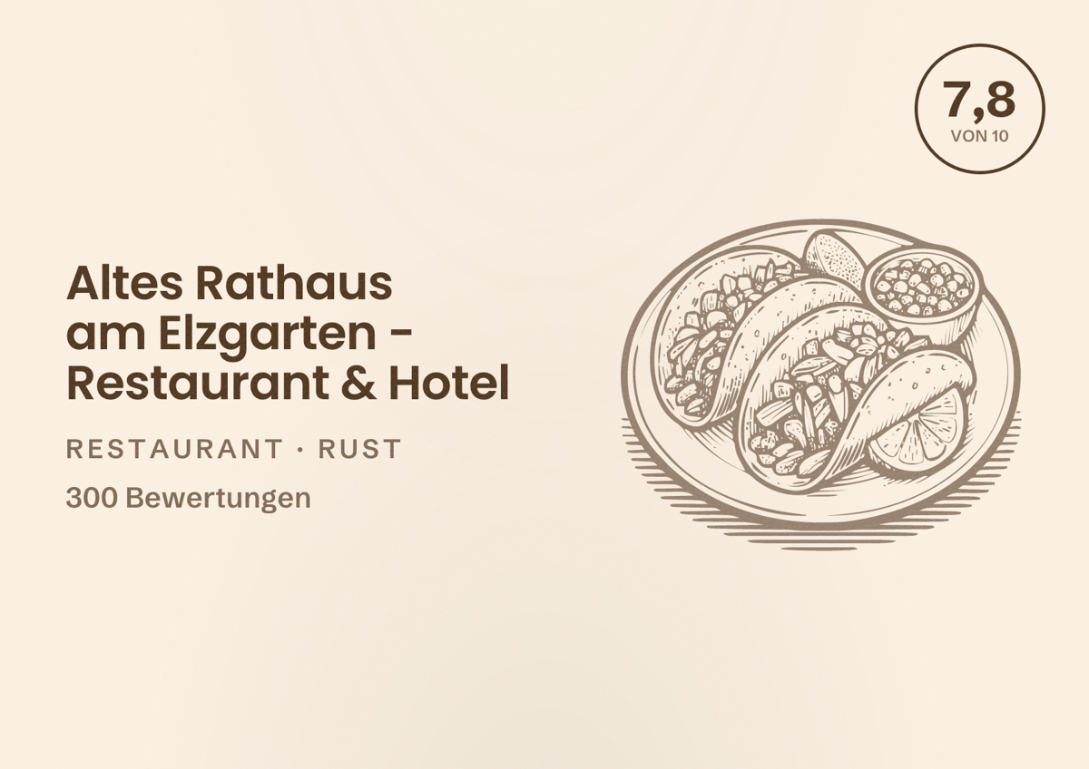 Illustriertes Poster von Altes Rathaus am Elzgarten - Restaurant & Hotel, Restaurant in Rust: Bewertung 7,8 von 10 aus 300 Bewertungen