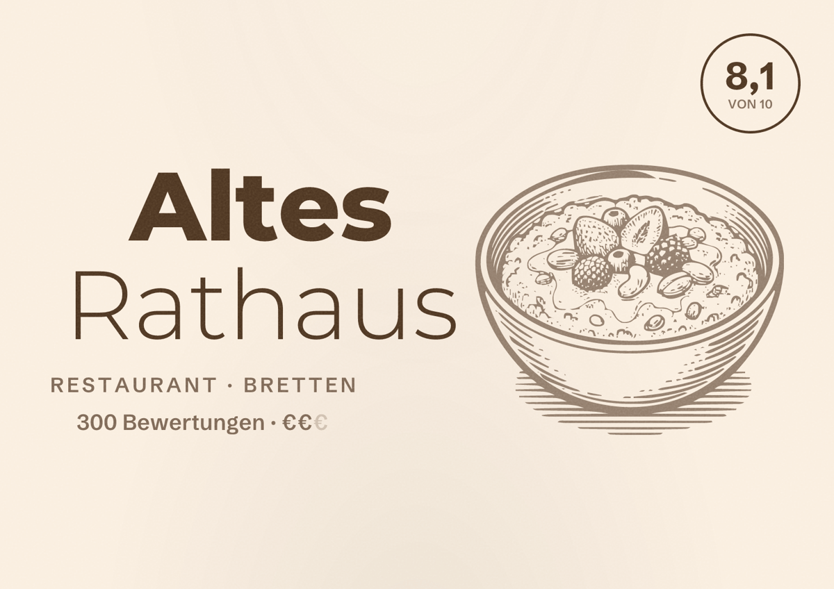 Illustriertes Poster von Altes Rathaus, Restaurant in Bretten: Bewertung 8,1 von 10 aus 300 Bewertungen, Preisniveau €€