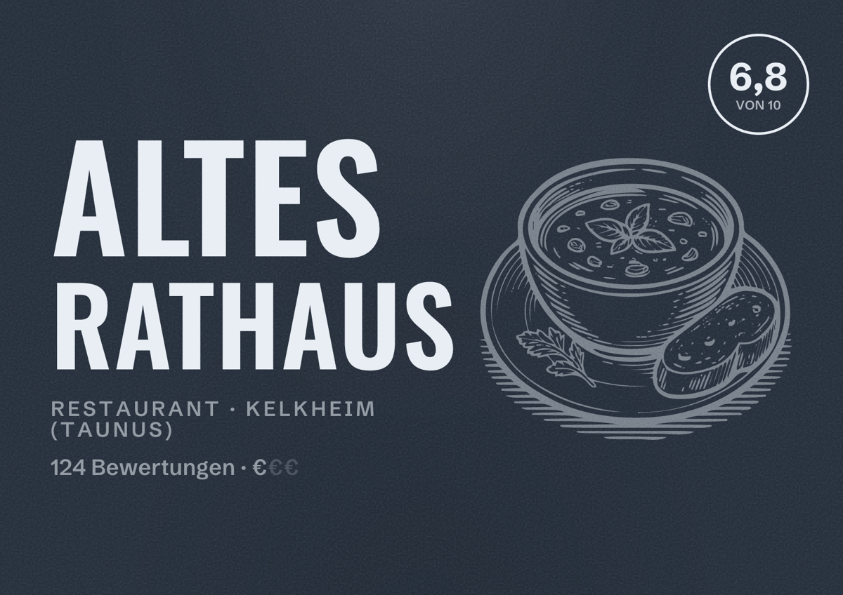 Illustriertes Poster von Altes Rathaus, Restaurant in Kelkheim (Taunus): Bewertung 6,8 von 10 aus 124 Bewertungen, Preisniveau €