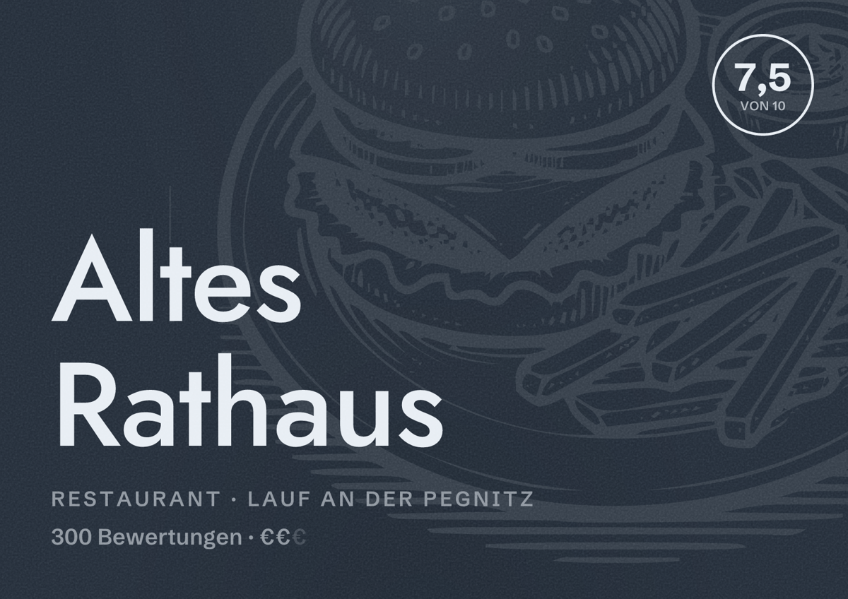 Illustriertes Poster von Altes Rathaus, Restaurant in Lauf an der Pegnitz: Bewertung 7,5 von 10 aus 300 Bewertungen, Preisniveau €€