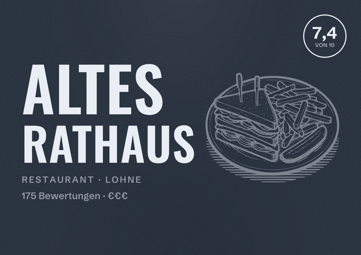 Illustriertes Poster von Altes Rathaus, Restaurant in Lohne: Bewertung 7,4 von 10 aus 175 Bewertungen, Preisniveau €€€