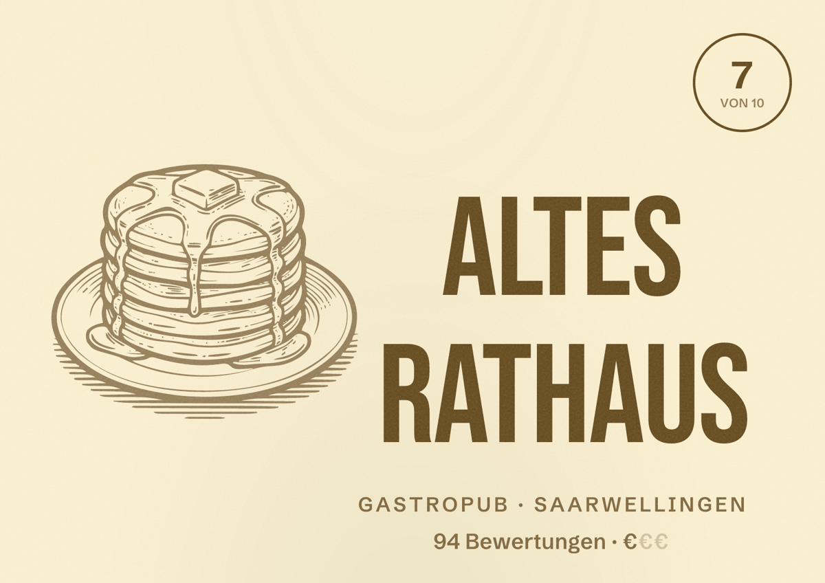 Illustriertes Poster von ALTES RATHAUS, Gastropub in Saarwellingen: Bewertung 7 von 10 aus 94 Bewertungen, Preisniveau €