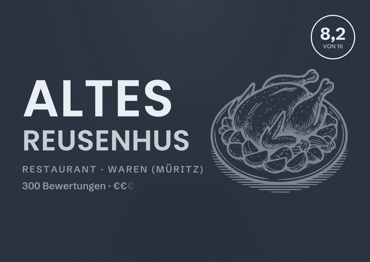 Illustriertes Poster von Altes Reusenhus, Restaurant in Waren (Müritz): Bewertung 8,2 von 10 aus 300 Bewertungen, Preisniveau €€