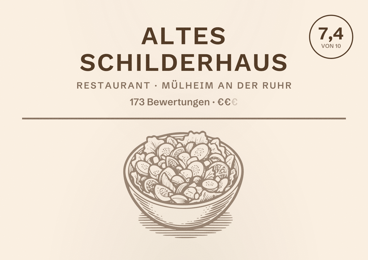 Illustriertes Poster von Altes Schilderhaus, Restaurant in Mülheim an der Ruhr: Bewertung 7,4 von 10 aus 173 Bewertungen, Preisniveau €€