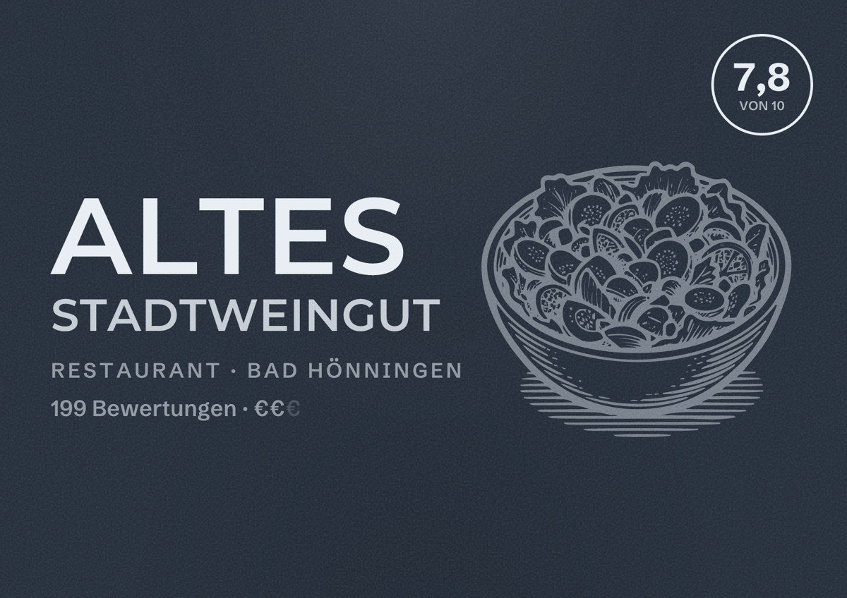 Illustriertes Poster von Altes Stadtweingut, Restaurant in Bad Hönningen: Bewertung 7,8 von 10 aus 199 Bewertungen, Preisniveau €€