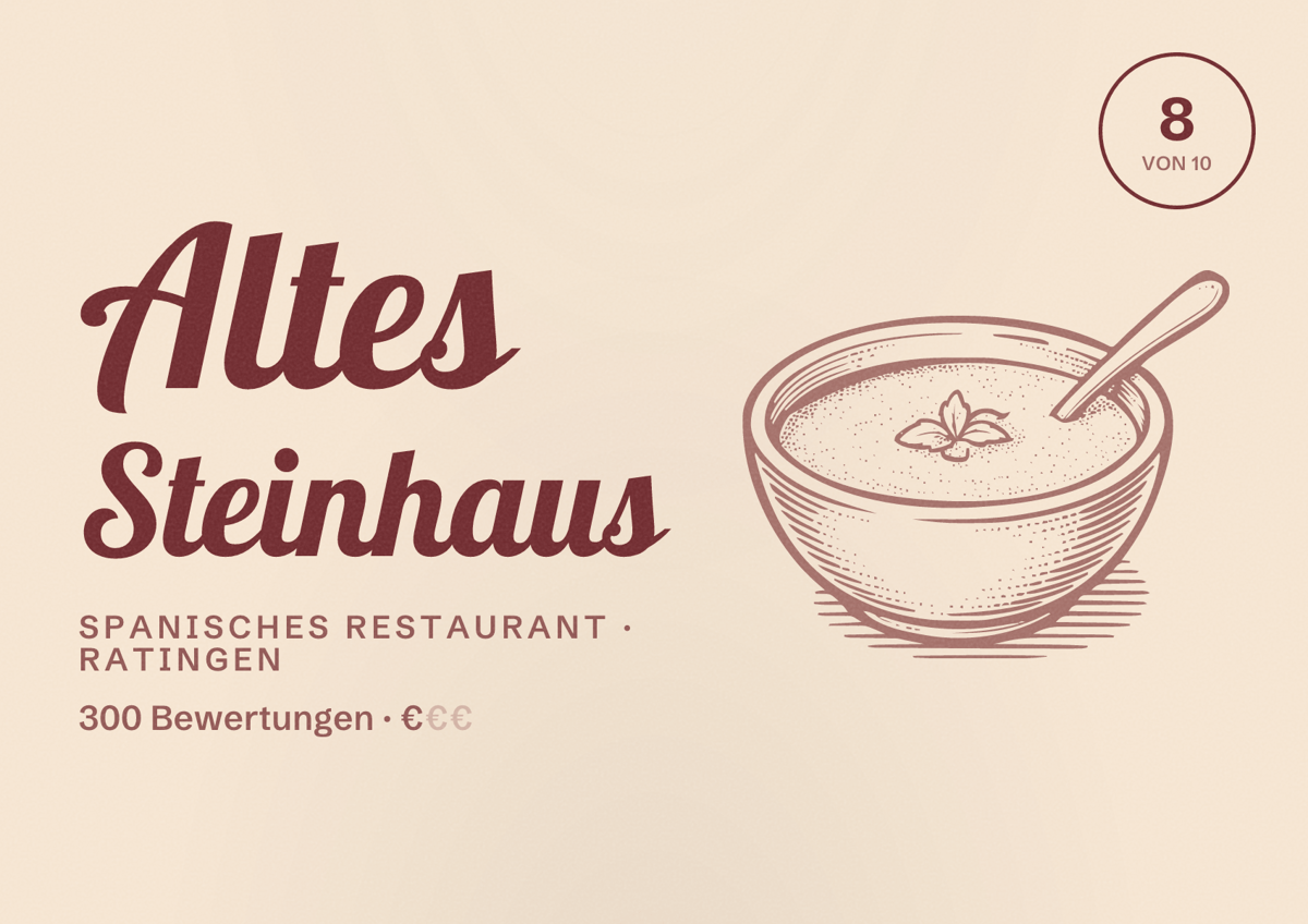 Illustriertes Poster von Altes Steinhaus, Spanisches Restaurant in Ratingen: Bewertung 8 von 10 aus 300 Bewertungen, Preisniveau €