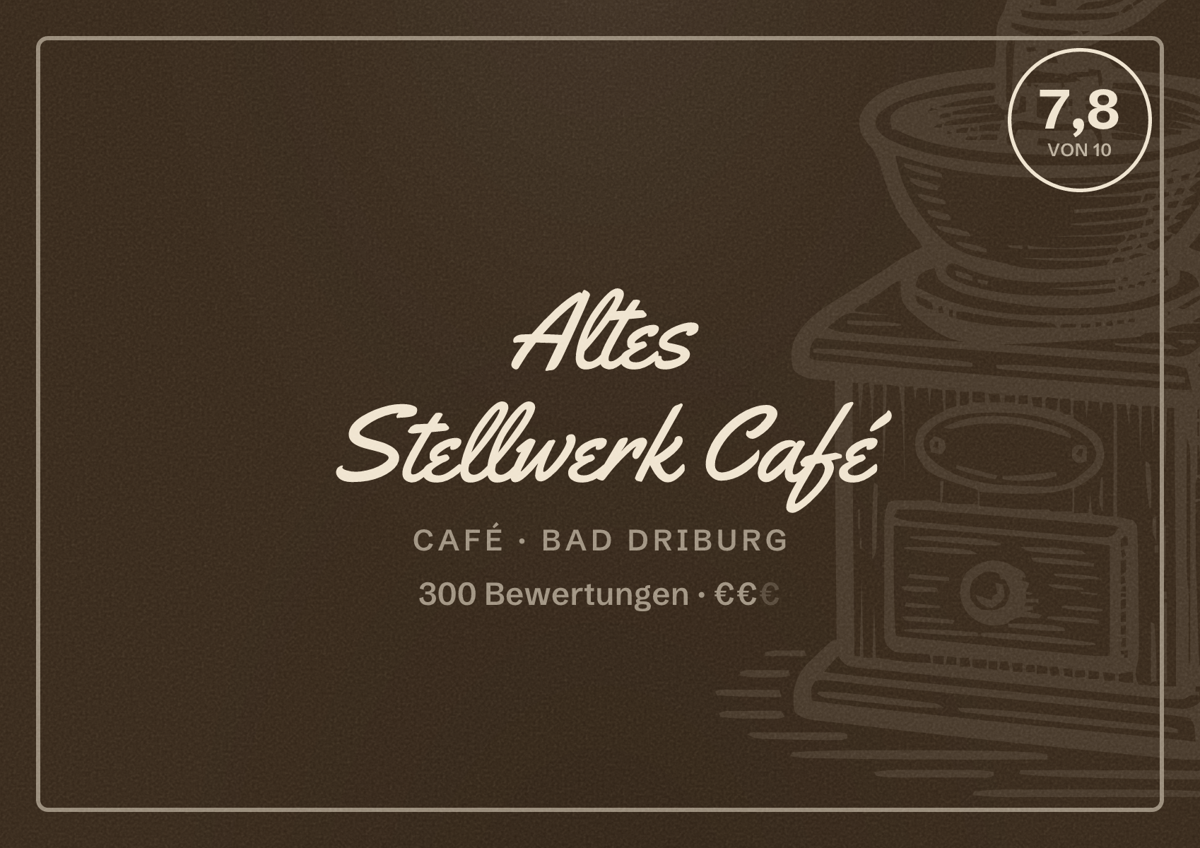 Illustriertes Poster von Altes Stellwerk Café, Café in Bad Driburg: Bewertung 7,8 von 10 aus 300 Bewertungen, Preisniveau €€