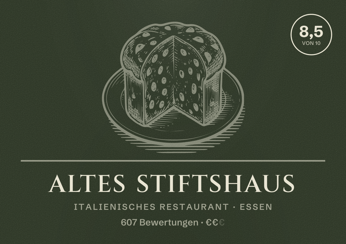 Illustriertes Poster von Altes Stiftshaus, Italienisches Restaurant in Essen: Bewertung 8,5 von 10 aus 607 Bewertungen, Preisniveau €€