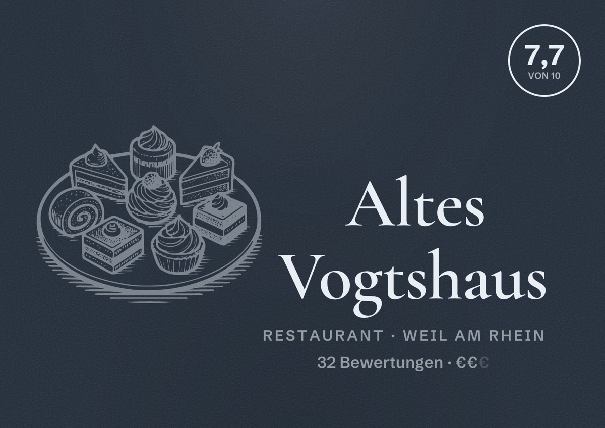Illustriertes Poster von Altes Vogtshaus, Restaurant in Weil am Rhein: Bewertung 7,7 von 10 aus 32 Bewertungen, Preisniveau €€