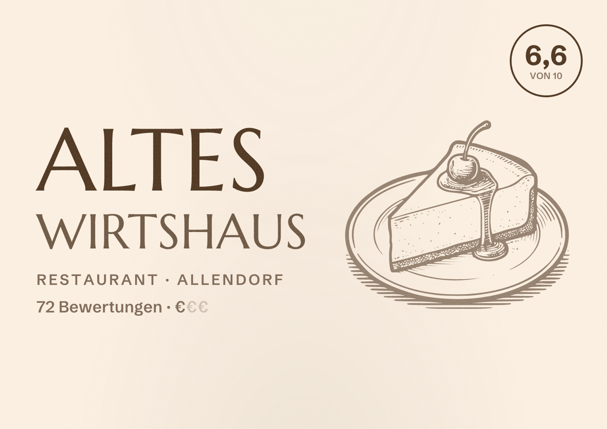 Illustriertes Poster von Altes Wirtshaus, Restaurant in Allendorf: Bewertung 6,6 von 10 aus 72 Bewertungen, Preisniveau €
