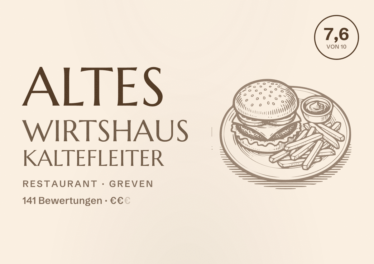 Illustriertes Poster von Altes Wirtshaus Kaltefleiter, Restaurant in Greven: Bewertung 7,6 von 10 aus 141 Bewertungen, Preisniveau €€