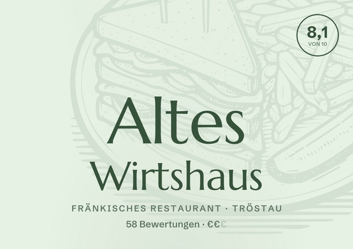 Illustriertes Poster von Altes Wirtshaus, Fränkisches Restaurant in Tröstau: Bewertung 8,1 von 10 aus 58 Bewertungen, Preisniveau €€