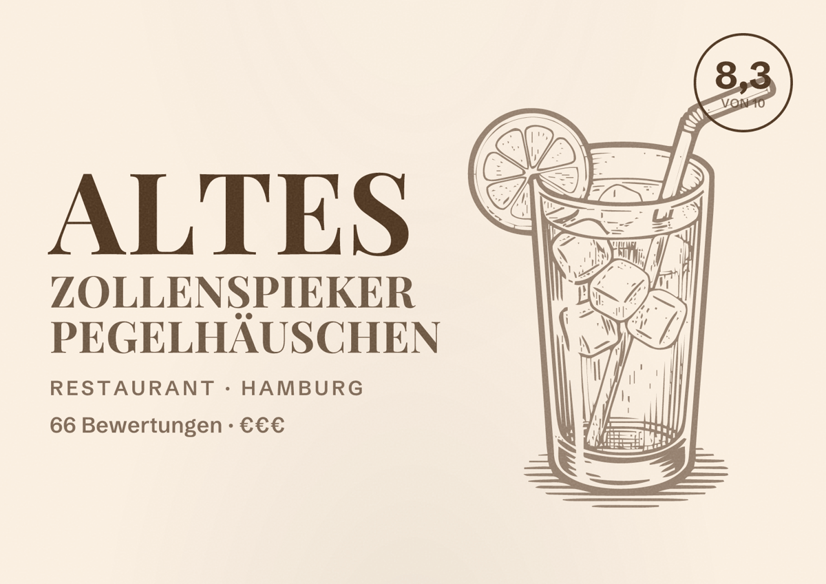 Illustriertes Poster von Altes Zollenspieker Pegelhäuschen, Restaurant in Hamburg: Bewertung 8,3 von 10 aus 66 Bewertungen, Preisniveau €€€