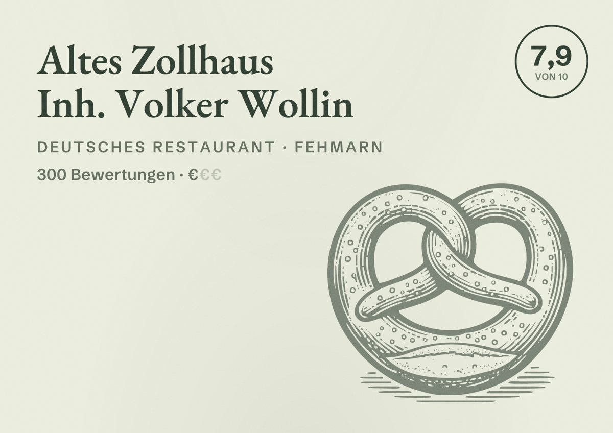 Illustriertes Poster von Altes Zollhaus Inh. Volker Wollin, Deutsches Restaurant in Fehmarn: Bewertung 7,9 von 10 aus 300 Bewertungen, Preisniveau €