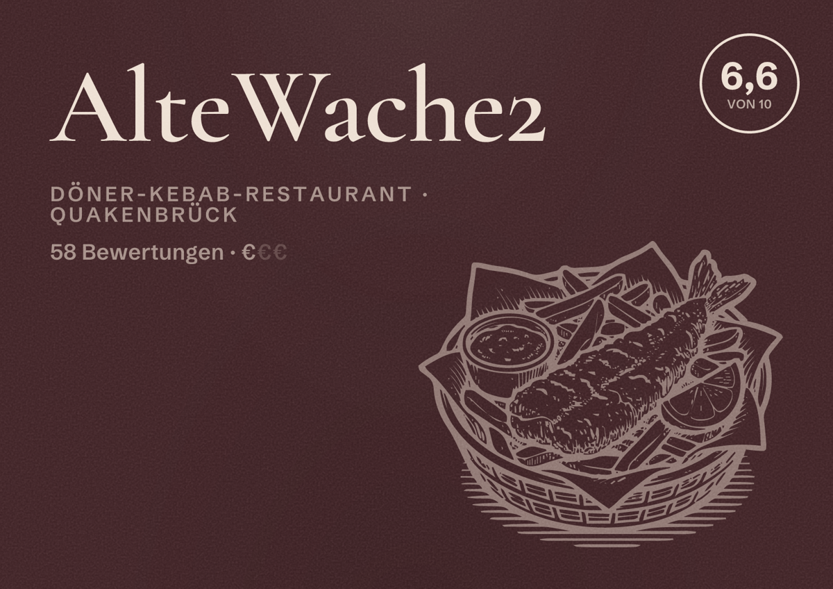 Illustriertes Poster von AlteWache2, Döner-Kebab-Restaurant in Quakenbrück: Bewertung 6,6 von 10 aus 58 Bewertungen, Preisniveau €